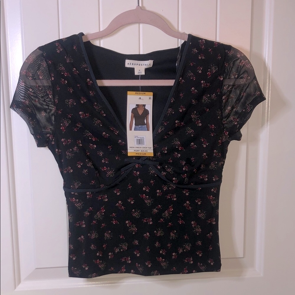 Aeropostale Black Blouse with Pink Floral Pattern